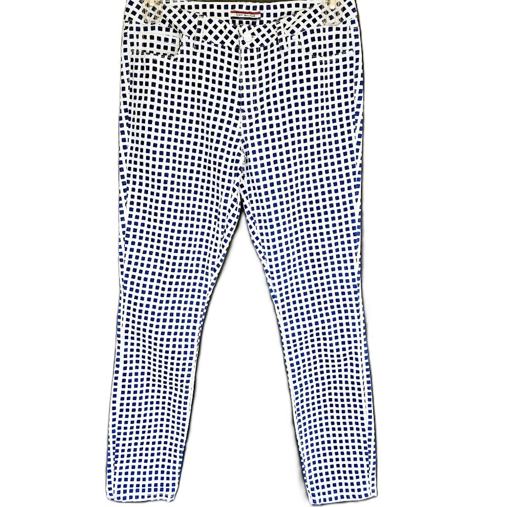 Tommy Hilfiger White & Blue Checkered Skinny Fit Stretch Jeans - Size 8